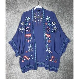 Curations Embroidered Floral Gauze Open Kimono Cardigan Top Womens Size M/L Blue